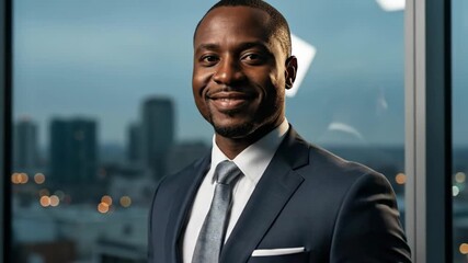 Confident professional businessman in modern urban office with cityscape view