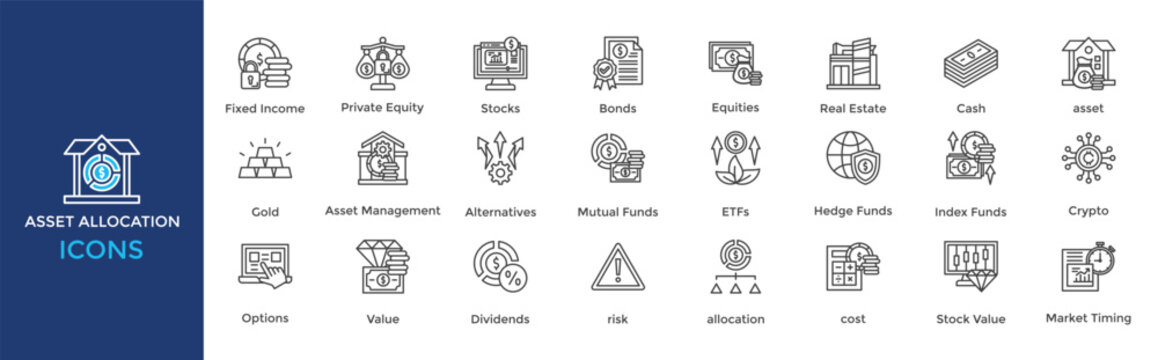 Asset allocation icon set. Containing Stocks, Bonds, Equities, Cash, asset