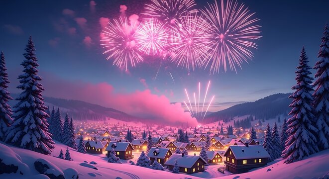 Winter wonderland village with pink fireworks in the evening sky