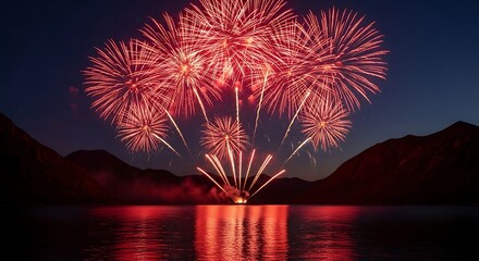 Vibrant red fireworks exploding over tranquil lake and mountains