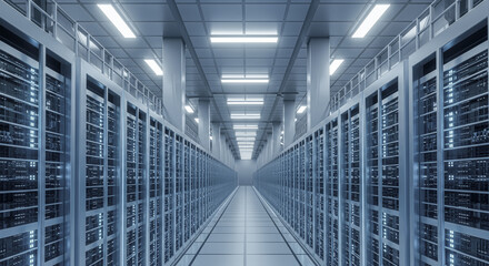 Data center server room, bright white light, technology background, server racks, hosting database, cloud computing, big data storage, network IT infrastructure