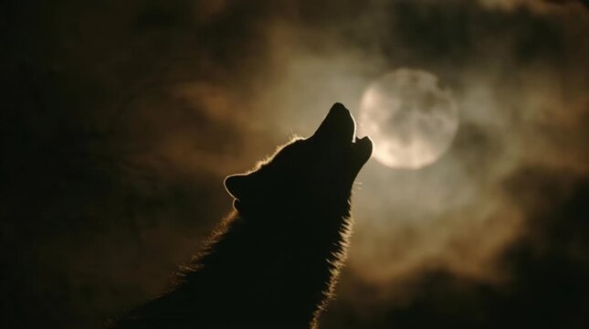 Dramatic fox silhouette of a wolf howling at a full moon