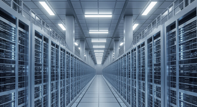 Data center server room, bright white light, technology background, server racks, hosting database, cloud computing, big data storage, network IT infrastructure