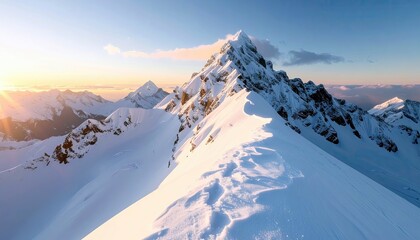 A sharp, snow-covered mountain ridge is illuminated by the golden rays of a sunrise, with other snow-capped peaks visible in the distance under a clear blue sky