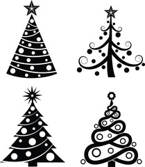 Christmas tree icon set in black silhouette, showcasing four different decorative styles with stars, swirls, and ornaments.