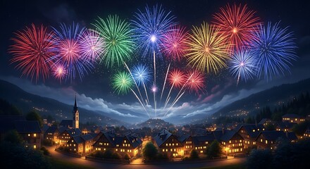 Fototapeta premium Vibrant fireworks display over an enchanting village at night