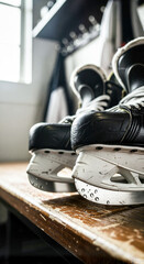 Ice hockey skates resting on wooden bench in changing room