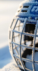 Frosty ice hockey helmet close-up on snowy background  
