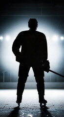 Silhouetted hockey player standing on ice rink in dramatic lighting  