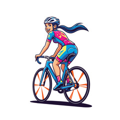 Energetic Woman Cyclist Racing in Bright Colorful Kit Illustration