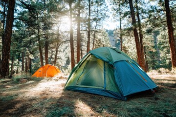 Camping in nature under tall pine trees with a green blue tent set up in a serene forest environment
