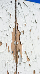 Weathered wood with peeling white paint and blue background  