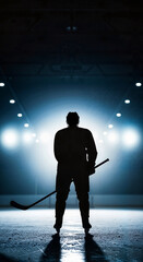 Hockey player silhouetted with stick in illuminated rink at night  
