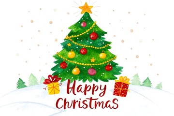 Obraz premium Watercolor christmas tree with gifts and snowflakes for holiday season celebration