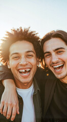 Two young men laughing together outdoors in warm sunlight  
