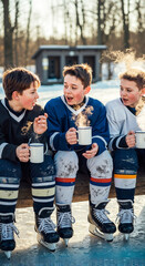 Young boys sitting on ice rink enjoying warm drinks after hockey