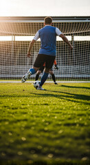 Male soccer player kicking ball towards goal on sunny field  