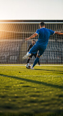 Soccer player kicking ball towards goal during match on field  