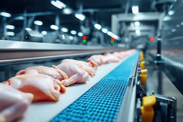 Empty conveyor belt in food production line used for processing chicken meats during food manufacturing operations