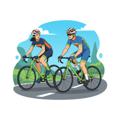 Happy Couple Road Biking Together in Countryside Illustration