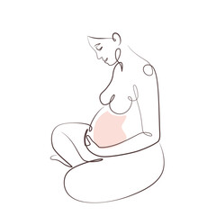 Pregnant woman sitting and relaxing one line drawing. Pregnant woman sitting and relaxing single line illustration. Pregnant woman sitting and relaxing minimalist line art.