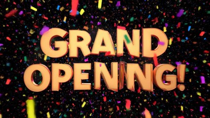 Exciting grand opening event with vibrant confetti display and bold text highlighting the celebration