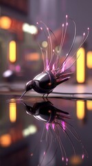 Obraz premium A metallic hummingbird with glowing pink filament-like tail feathers drinks from a still, reflective body of water.
