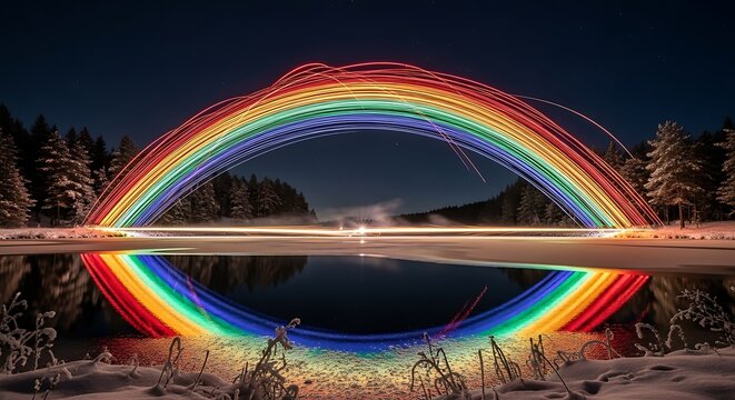 Vibrant light painting rainbow arching over winter lake at night
