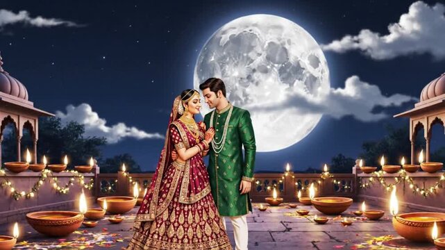 Traditional Indian Couple Celebrating Karwa Chauth Under Full Moon