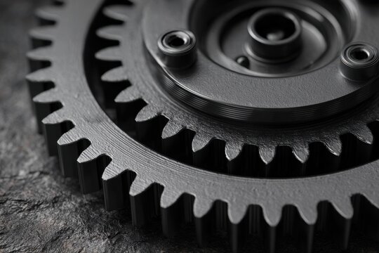 Detailed view of a black plastic gear mechanism showcasing its intricate design and functionality, ideal for various mechanical applications in engineering projects