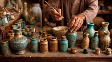 With skillful hands, ancient Egyptian healers blend herbs and oils in alabaster jars, their remedies whispered through generations, seeking to restore balance and vitality to the body and soul.