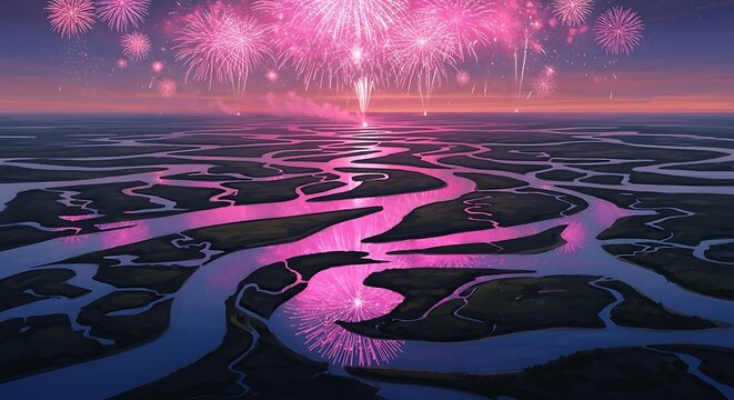 Pink fireworks exploding over a winding river delta at dusk