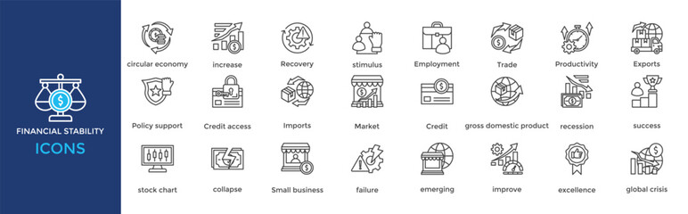 Financial stability icon set. Containing increase, Recovery, stimulus, Employment, Trade, Productivity