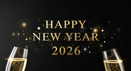 A festive and sparkling New Year's Eve celebration with elegant champagne flutes toasting to the exciting start of 2026, surrounded by golden glittering lights and joyful anticipation