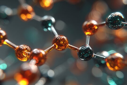 Realistic molecular render showcasing detailed atomic structures with vibrant colors and intricate connections, illustrating the beauty of molecular science in a modern setting - Powered by Adobe