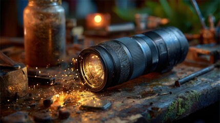 Capturing magic with a professional camera lens, sparks fly in a gritty workshop, inspiring creative vision and storytelling
