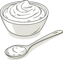 Bowl of sour cream with spoon isolated on