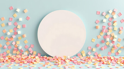 Pastel confetti around white round podium on blue background festive minimal display scene