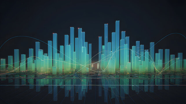 Abstract financial graph with columns and line chart showing business growth and success in dark blue background
