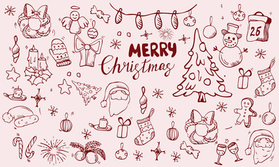 Hand drawn chalk Merry Christmas doodle set. Retro vintage new year party. Christmas tree, gift boxes, stars, winter holiday, champagne, wreath, candle, cake, Christmas toys, bows. Vector illustration