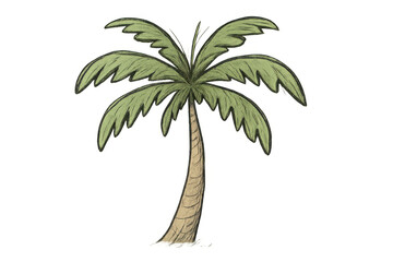 Cartoon palm tree illustration element featuring green fronds and a textured trunk, isolated on transparent background