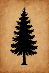 Silhouette of Pine Tree on Vintage Aged Paper Background
