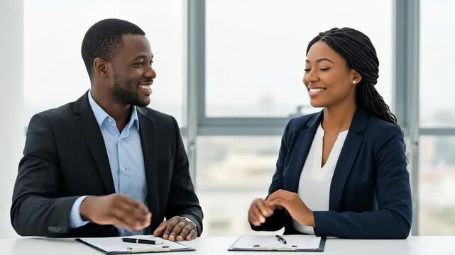 Professional business meeting: confident handshake and smile in modern office setting