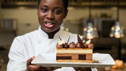 Chef presents deliciously layered cake dessert at upscale restaurant kitchen