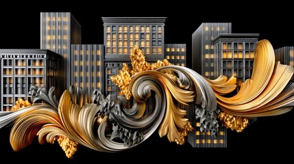 A luxurious blend of classical architectural elements and ornate decorative flourishes in gold and silver, set against a dark background with stylized buildings