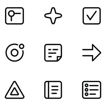 Nine black line art icons for navigation, symbols, and lists Keywords: location pin, map marker