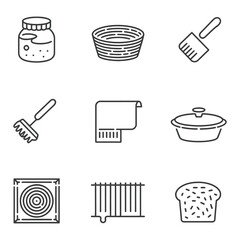 Nine line art icons of kitchenware, cleaning tools, and food items glass jar basket