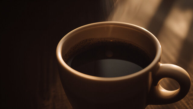 A cup of black coffee with steam rising from it, sitting on a wooden surface. - Powered by Adobe