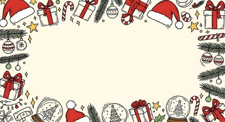 Festive Christmas frame with gifts, ornaments, and holiday decorations.