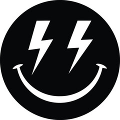 Energetic black and white lightning bolt smiley face icon design